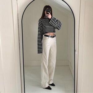 The Frankie Shop Athina Wool Cropped Turtleneck Sweater in Black Stripe Size M/L